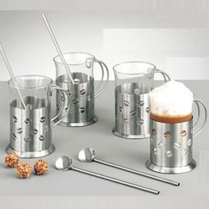 NEW Regalta Vintage 8 Piece stainless steel and glass coffee with spoon/straws